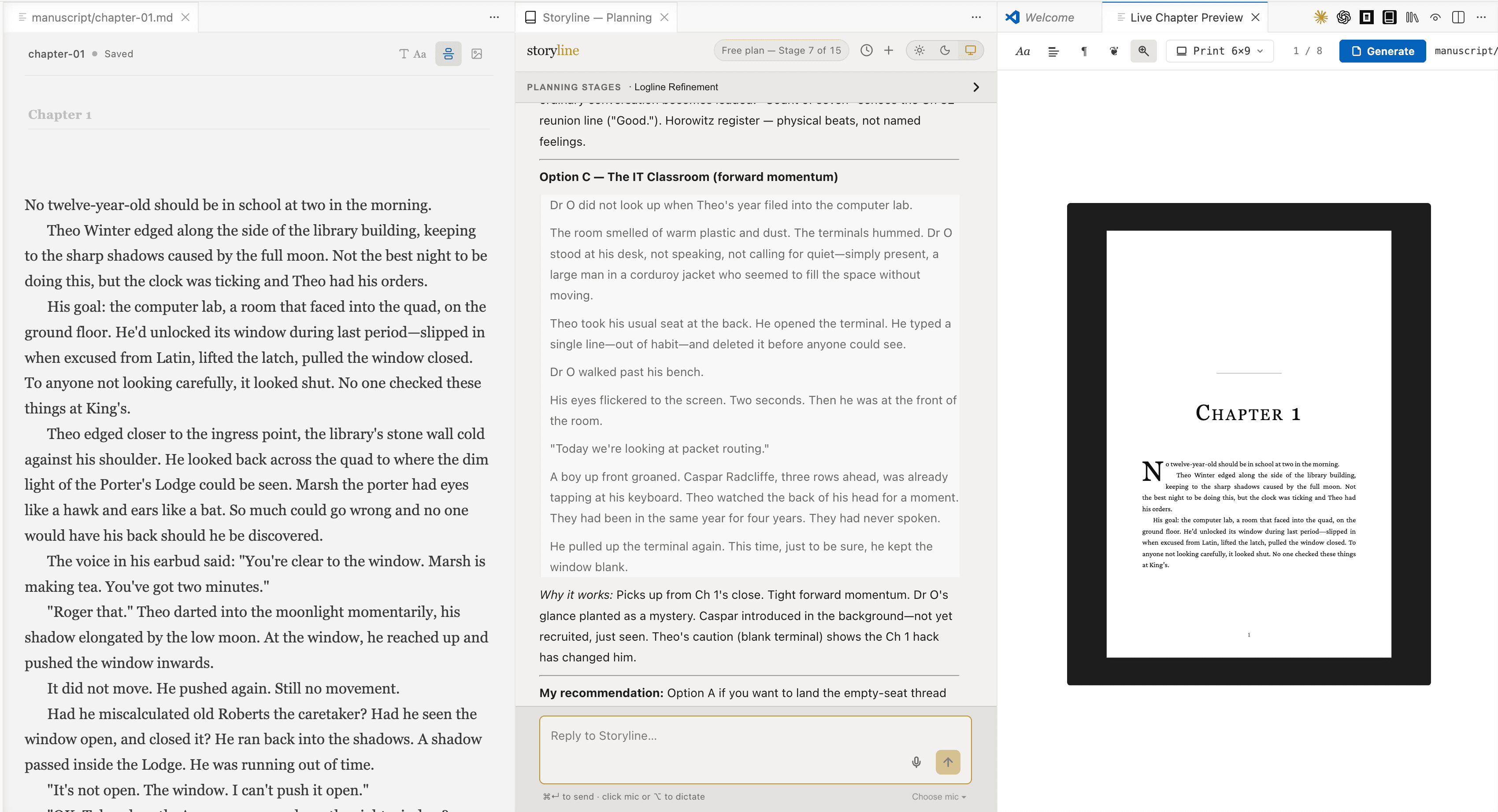 Storyline running on desktop — manuscript chapter open in the rich editor on the left, planning chat in the middle, and a live print preview of the typeset chapter on the right.